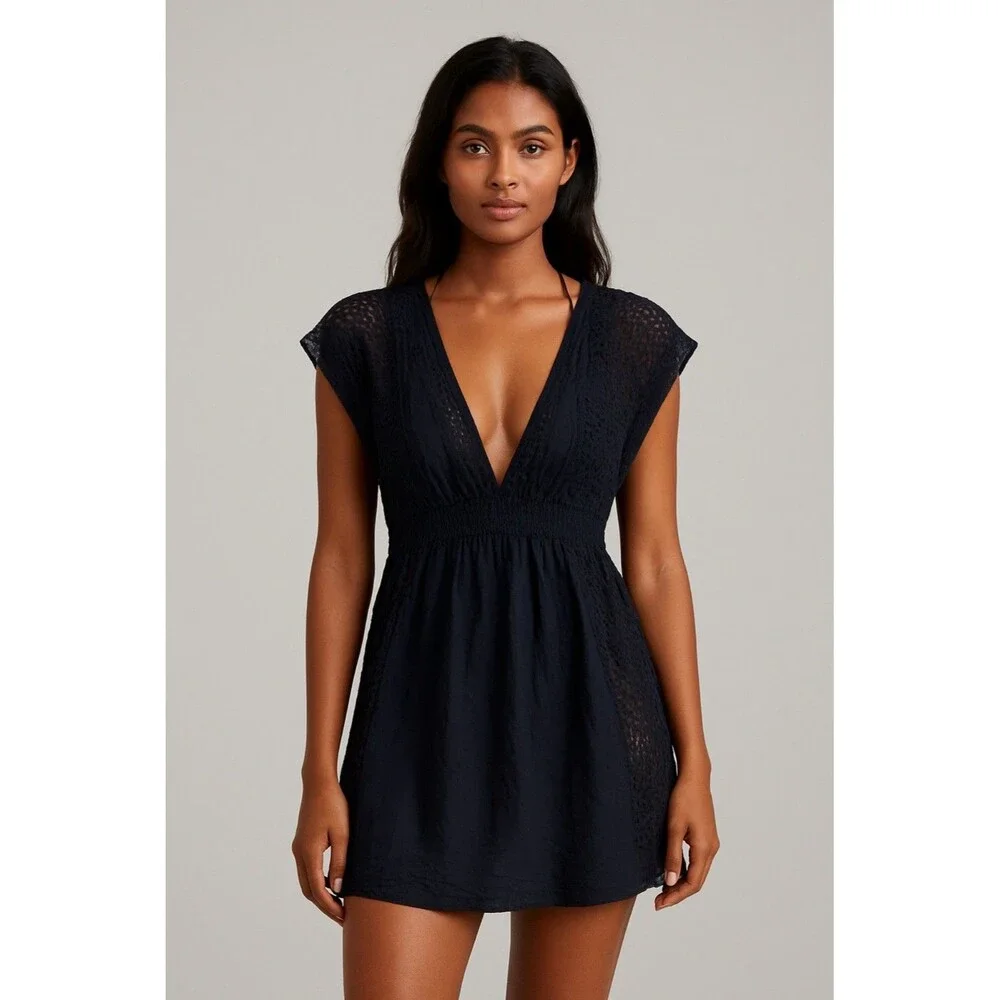 Abercrombie & Fitch Y2K Black Crochet Kaftan Top Size M/L Peasant Boho V-neck - Picture 2 of 7